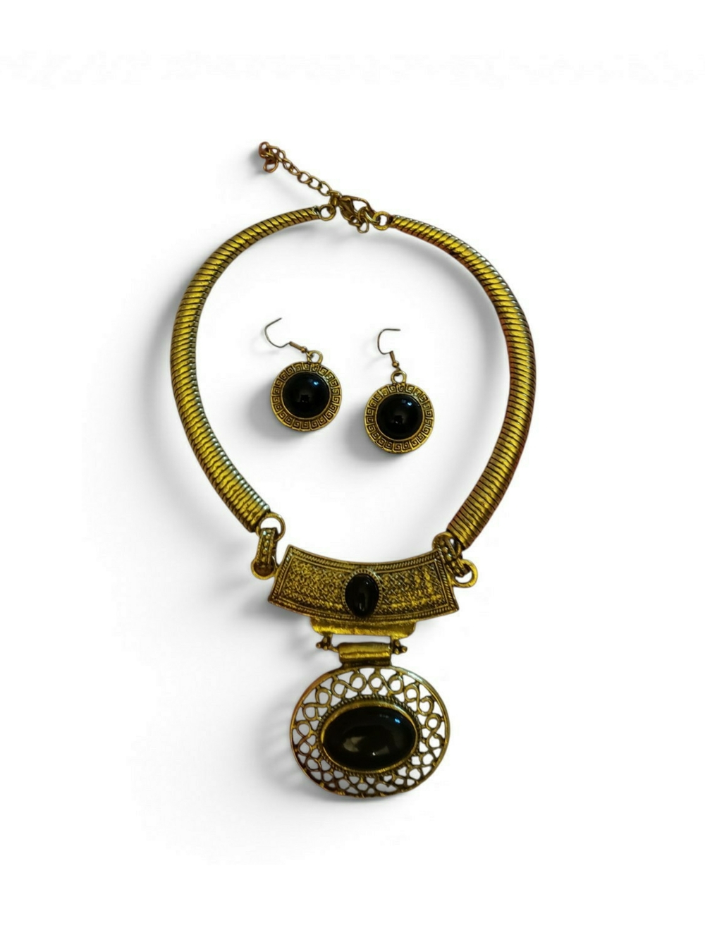 Gold-Tone Black Stone Pendant Necklace and Earring Set.